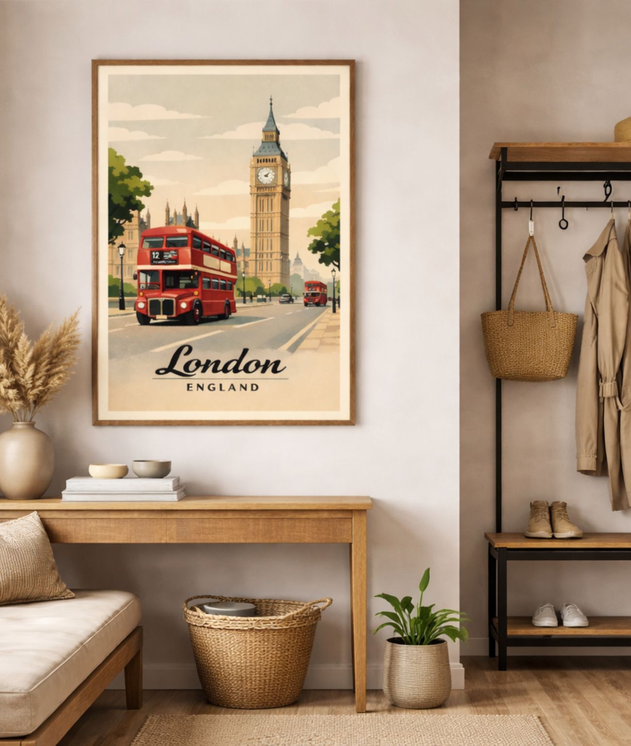 London Vintage Travel Poster Print — Big Ben & Red Double-Decker Bus Fine Art Poster