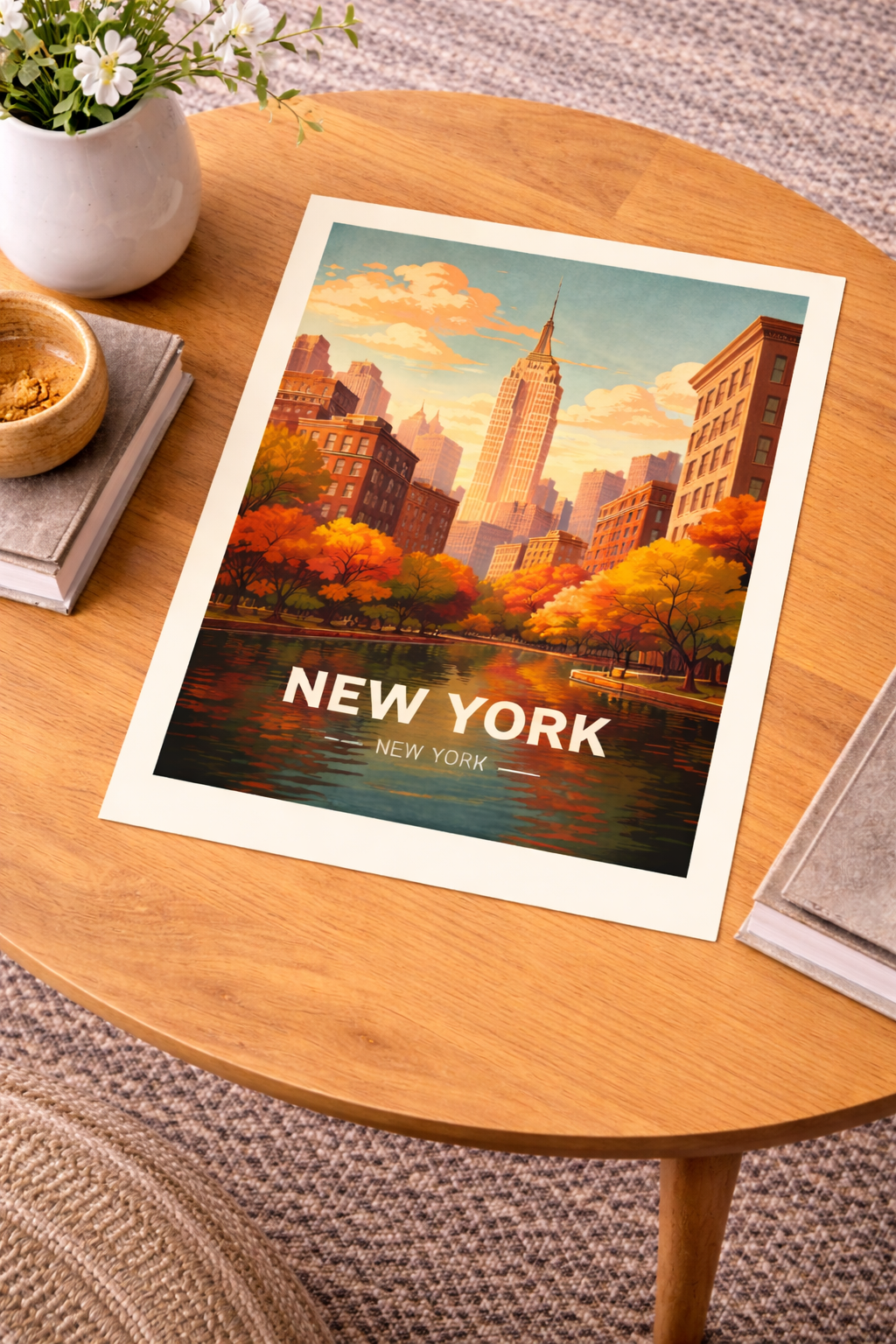 New York Autumn Poster with wooden frame NYC Skyline Wall Art Fall City Print USA Decor