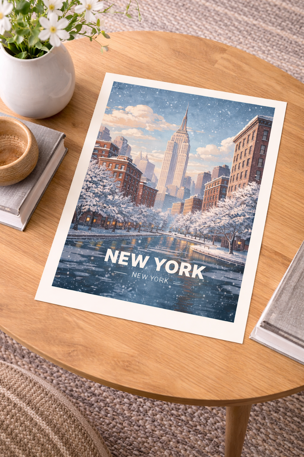 New York Winter Poster with wooden frame Snowy NYC Skyline Wall Art City Print USA Decor