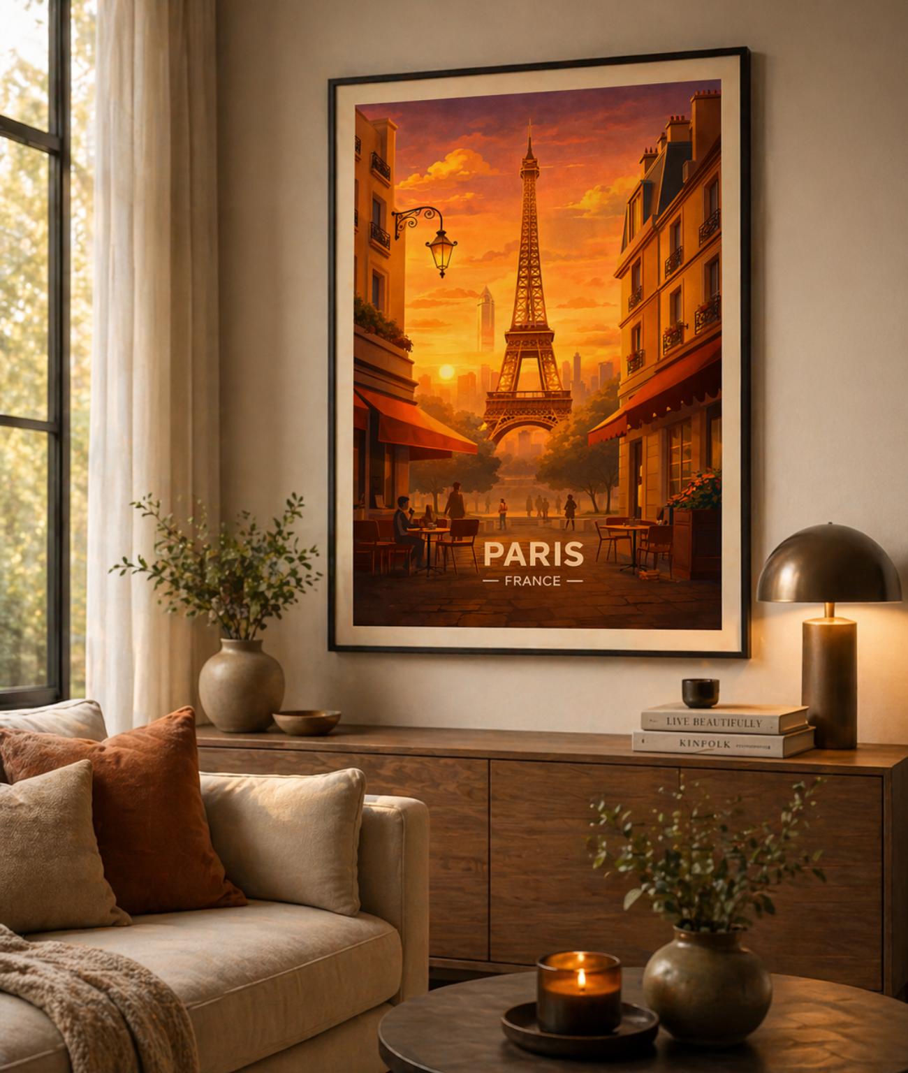 Paris Poster with wooden frame Eiffel Tower Sunset Wall Art France City Print