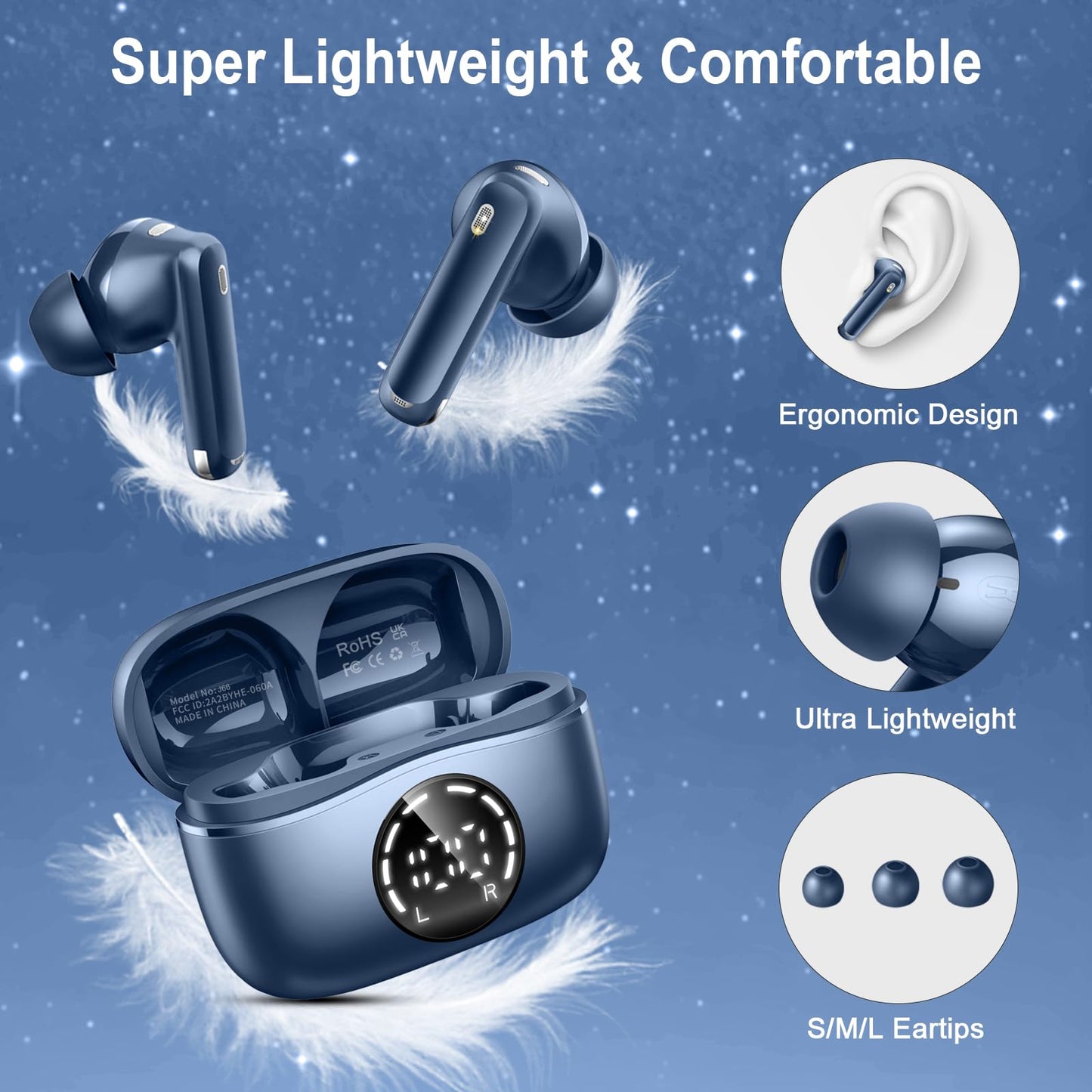 Bluetooth Kopfhörer, 2026 Kopfhörer Kabellos Bluetooth 5.4, 50 Std Spielzeit In Ear Kopfhörer HiFi Stereo mit 4 ENC Noise Cancelling Mics, IP7 Wasserdicht Kabellose Kopfhörer, Ohrhörer mit LED-Anzeige