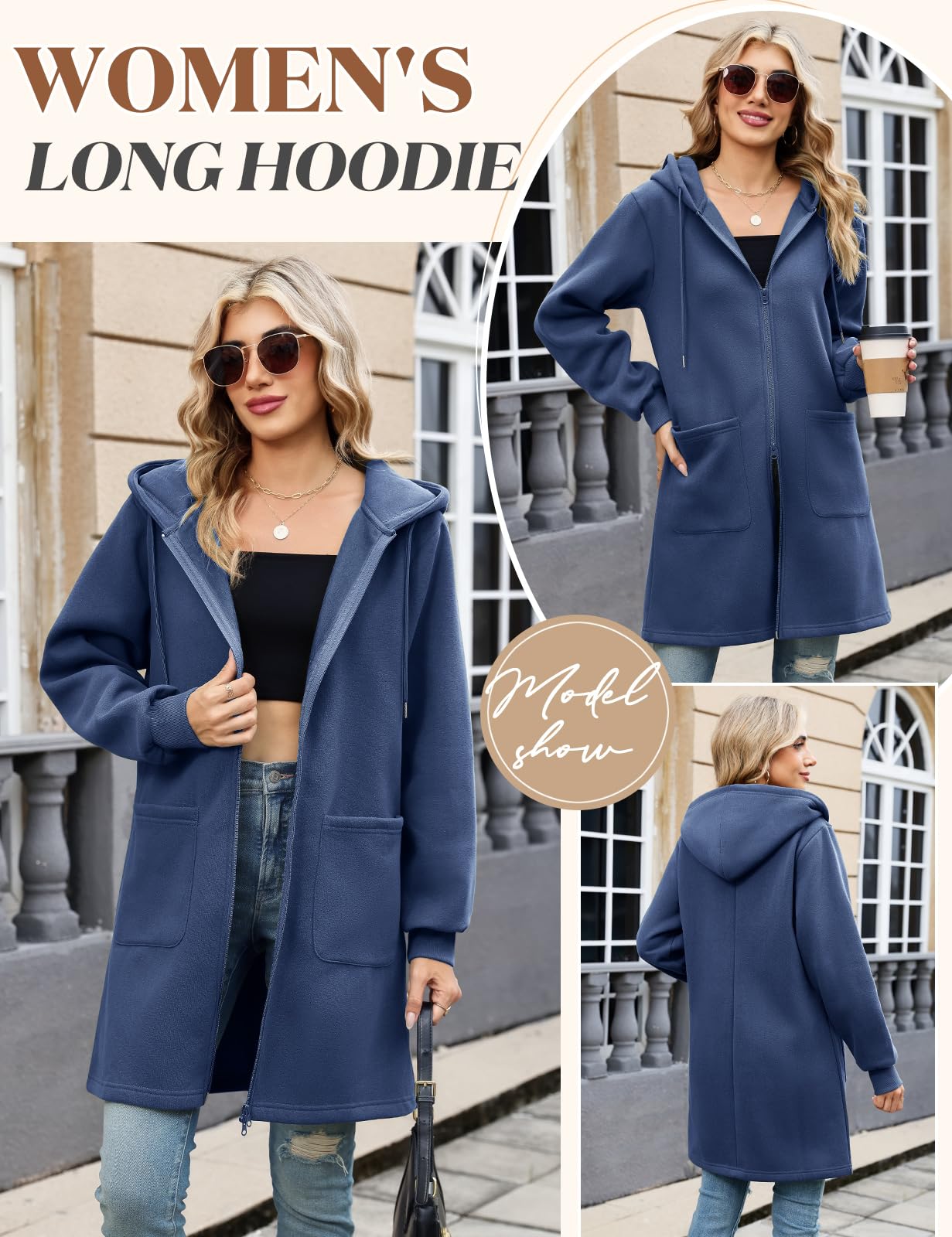Vancavoo Fleecejacke Damen Sweatjacke mit Kapuze Lange Kapuzenpullover Reißverschluss Hoodie Jacke Frühling Herbst Lang Kapuzenjacke Elegant Übergangsjacke mit Taschen