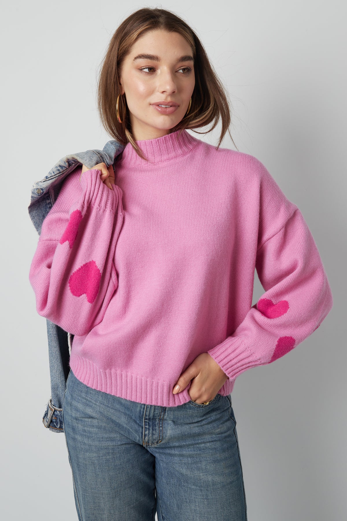 Knitted Wool Blend Women's Oversized Sweater Heart Applique Design