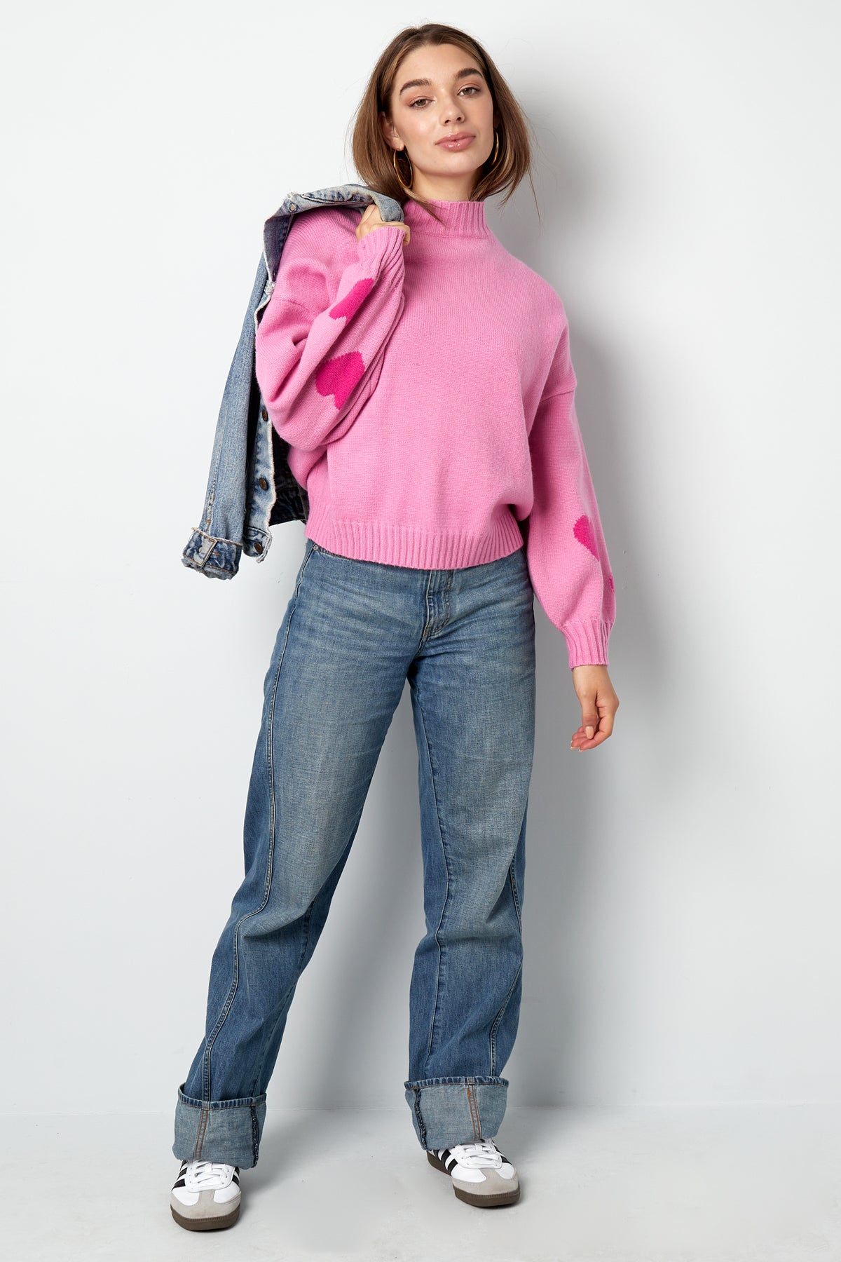 Knitted Wool Blend Women's Oversized Sweater Heart Applique Design