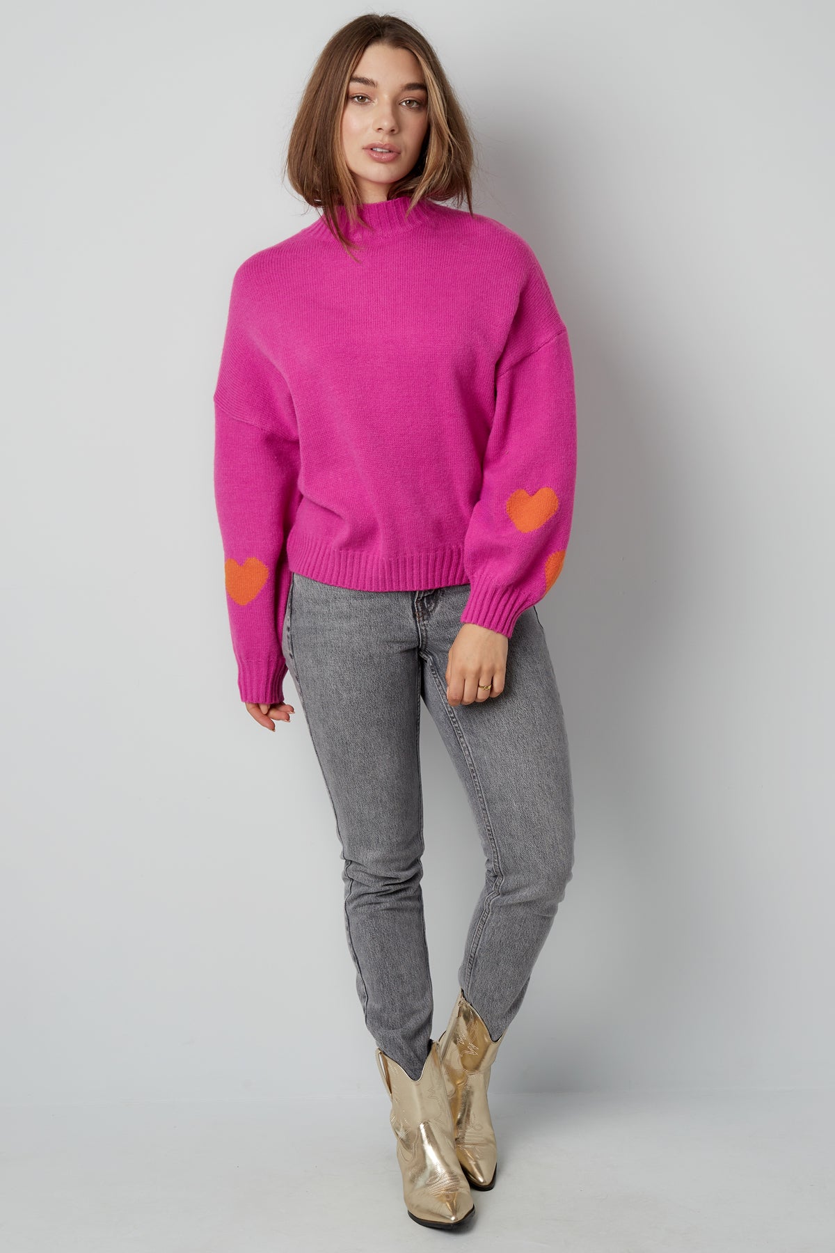 Knitted Wool Blend Women's Oversized Sweater Heart Applique Design