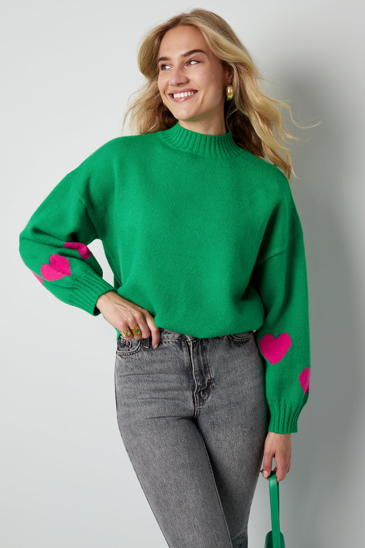 Knitted Wool Blend Women's Oversized Sweater Heart Applique Design