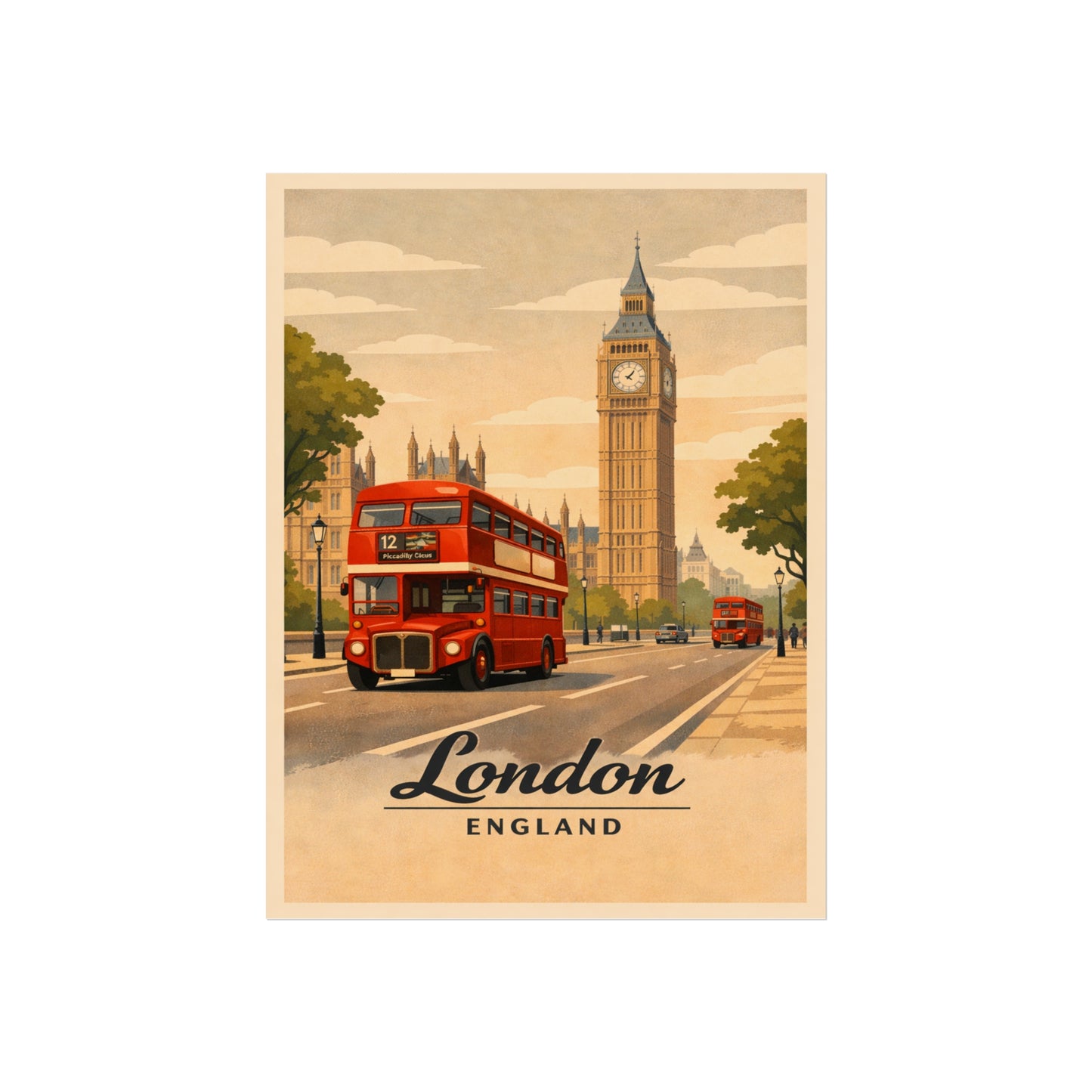 London Vintage Travel Poster Print — Big Ben & Red Double-Decker Bus Fine Art Poster