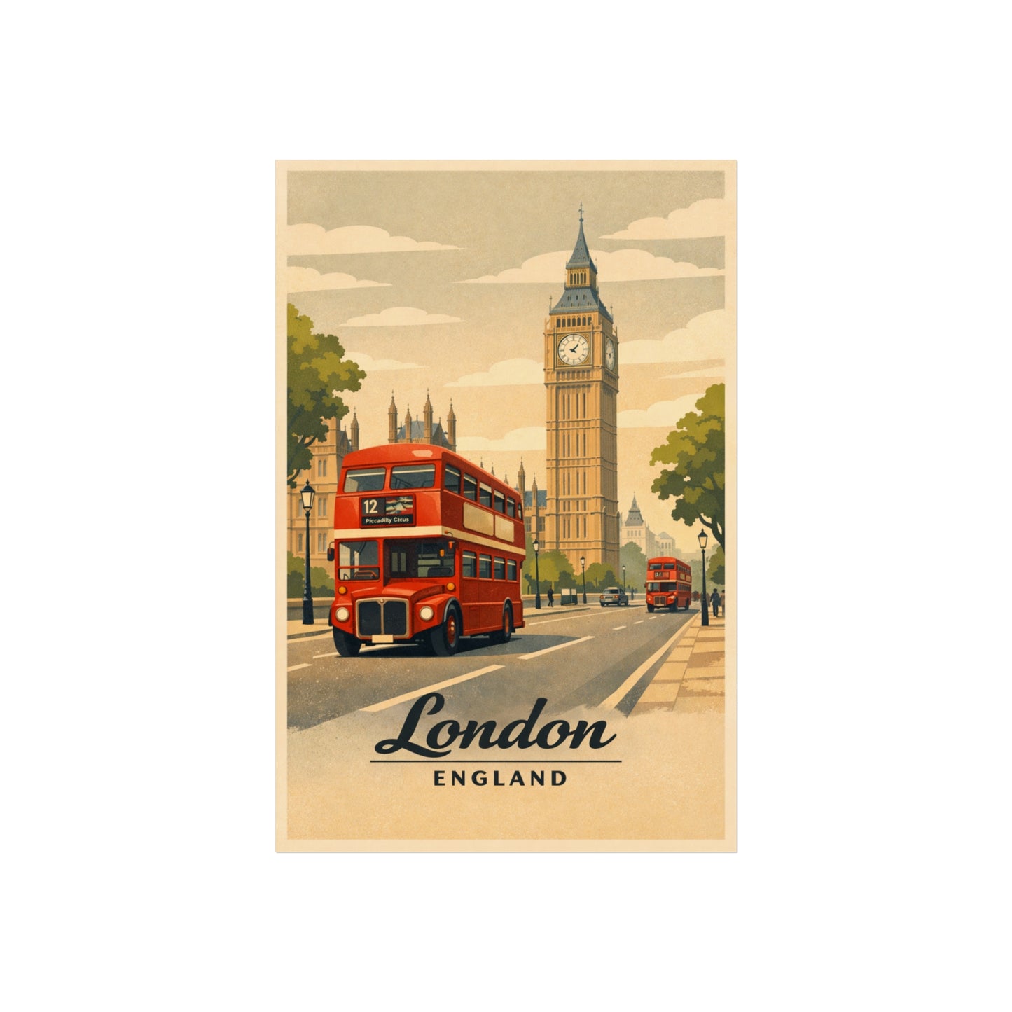 London Vintage Travel Poster Print — Big Ben & Red Double-Decker Bus Fine Art Poster