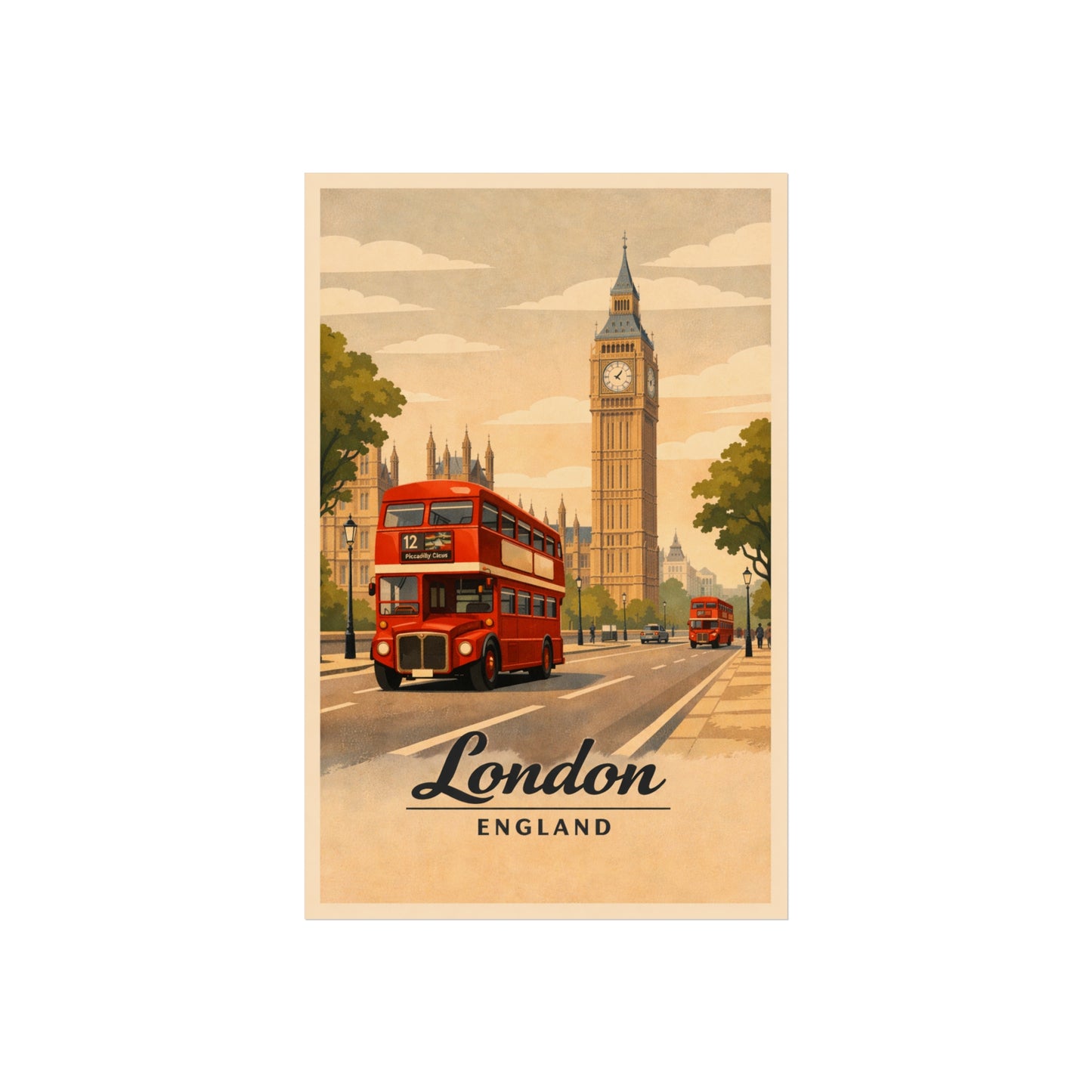 London Vintage Travel Poster Print — Big Ben & Red Double-Decker Bus Fine Art Poster