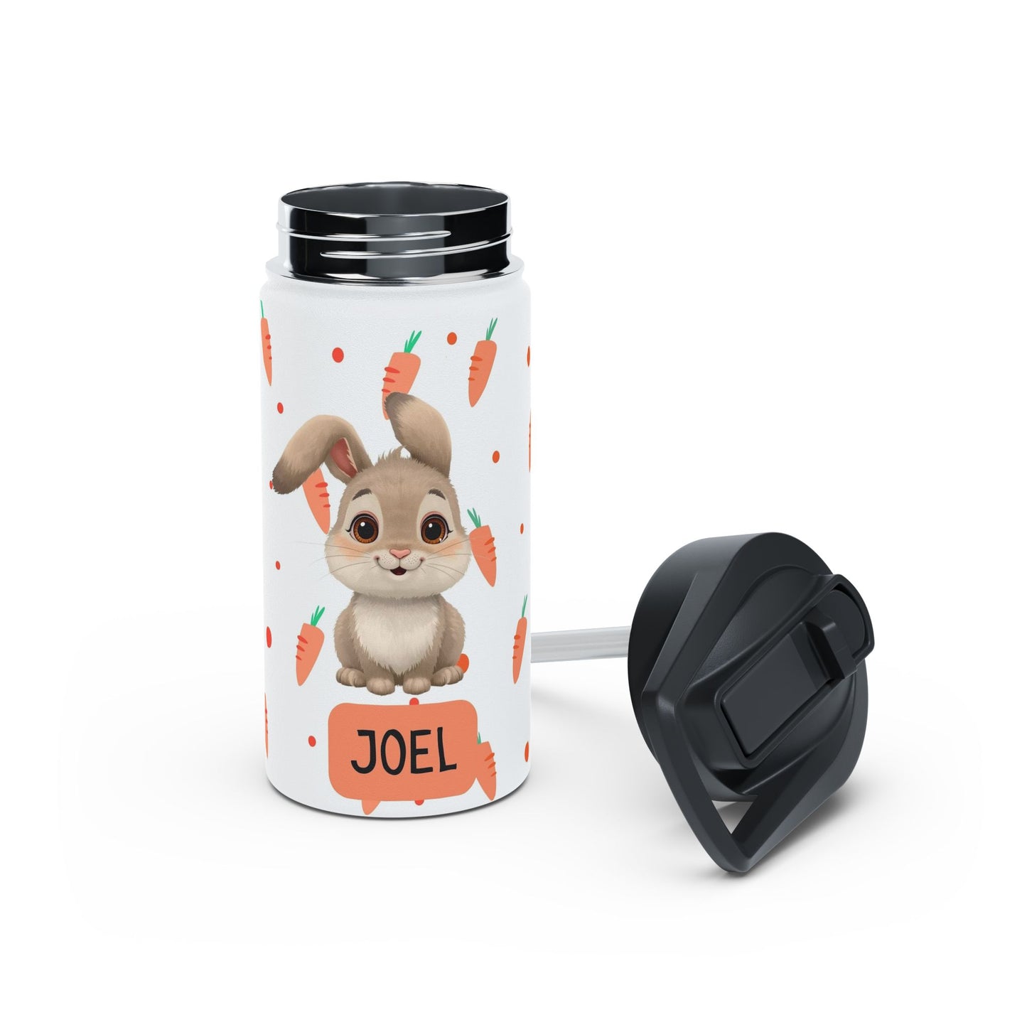 Pandarino Kinder-Wasserflasche aus Edelstahl mit Strohhalm, Hase, 355 ml, Thermosflasche, isolierte Wasserflaschen für Jungen, Mädchen