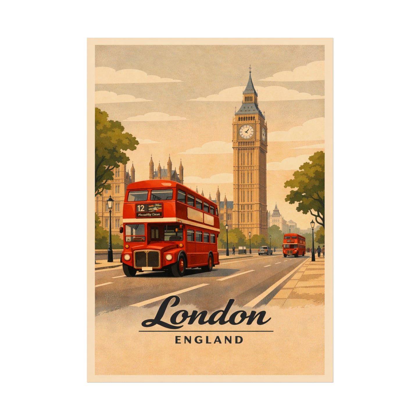 London Vintage Travel Poster Print — Big Ben & Red Double-Decker Bus Fine Art Poster