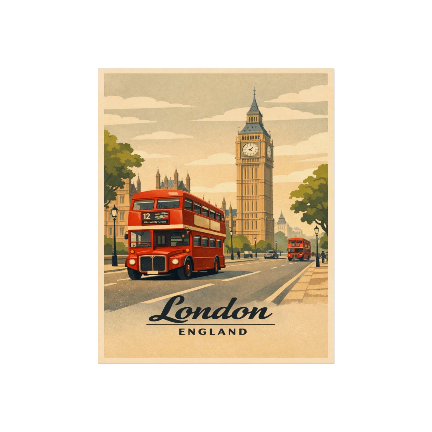 London Vintage Travel Poster Print — Big Ben & Red Double-Decker Bus Fine Art Poster