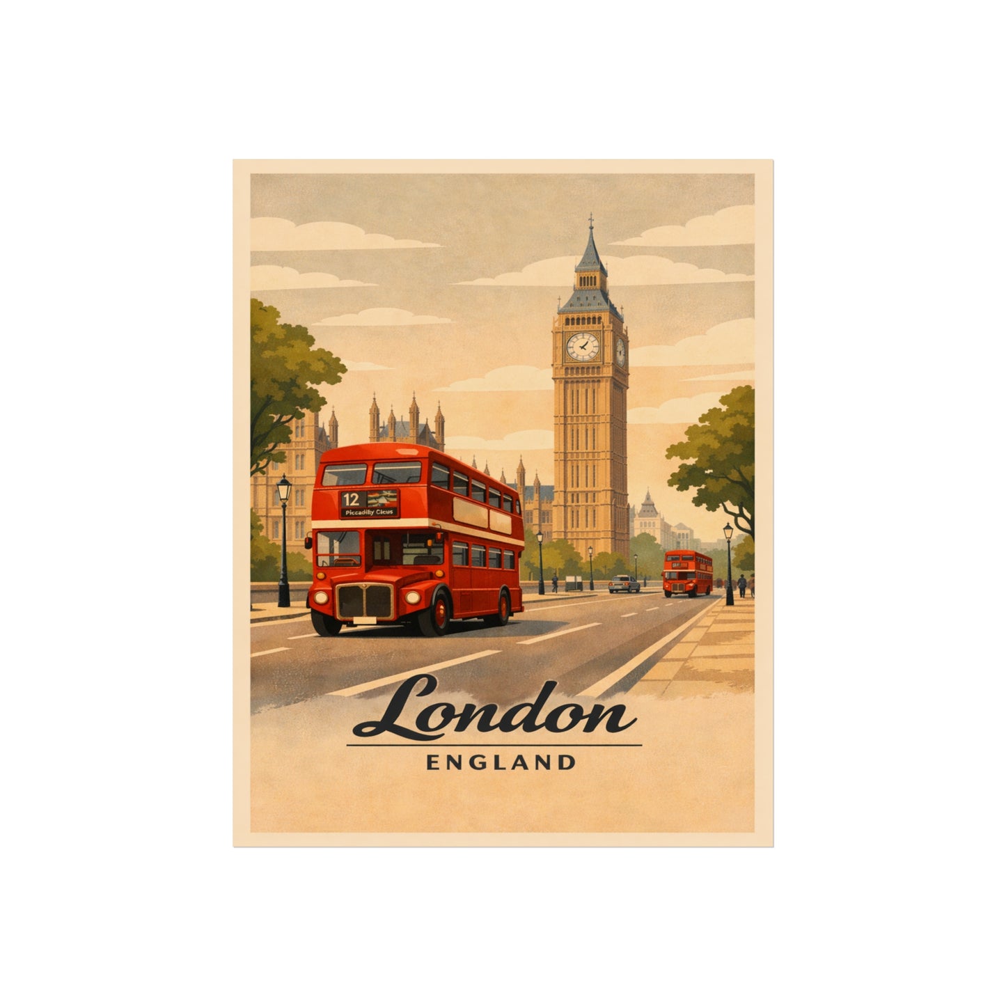 London Vintage Travel Poster Print — Big Ben & Red Double-Decker Bus Fine Art Poster