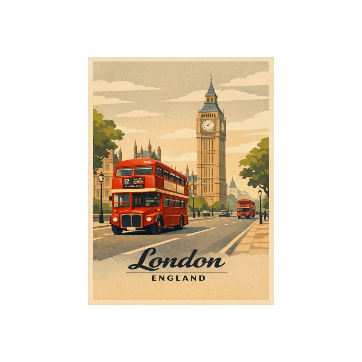 London Vintage Travel Poster Print — Big Ben & Red Double-Decker Bus Fine Art Poster