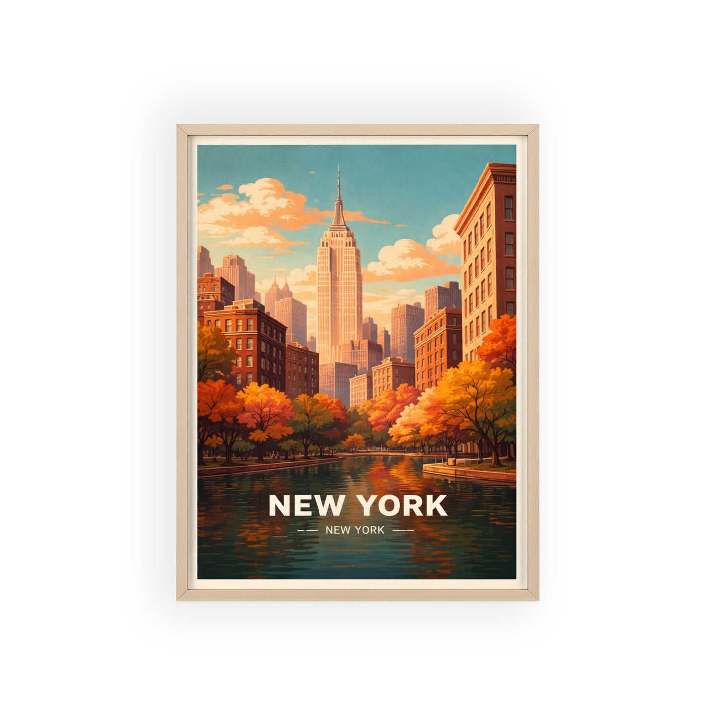 New York Autumn Poster with wooden frame NYC Skyline Wall Art Fall City Print USA Decor