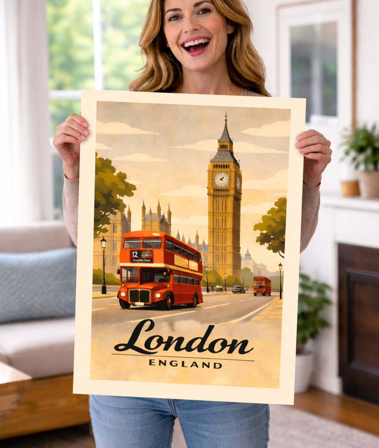 London Vintage Travel Poster Print — Big Ben & Red Double-Decker Bus Fine Art Poster
