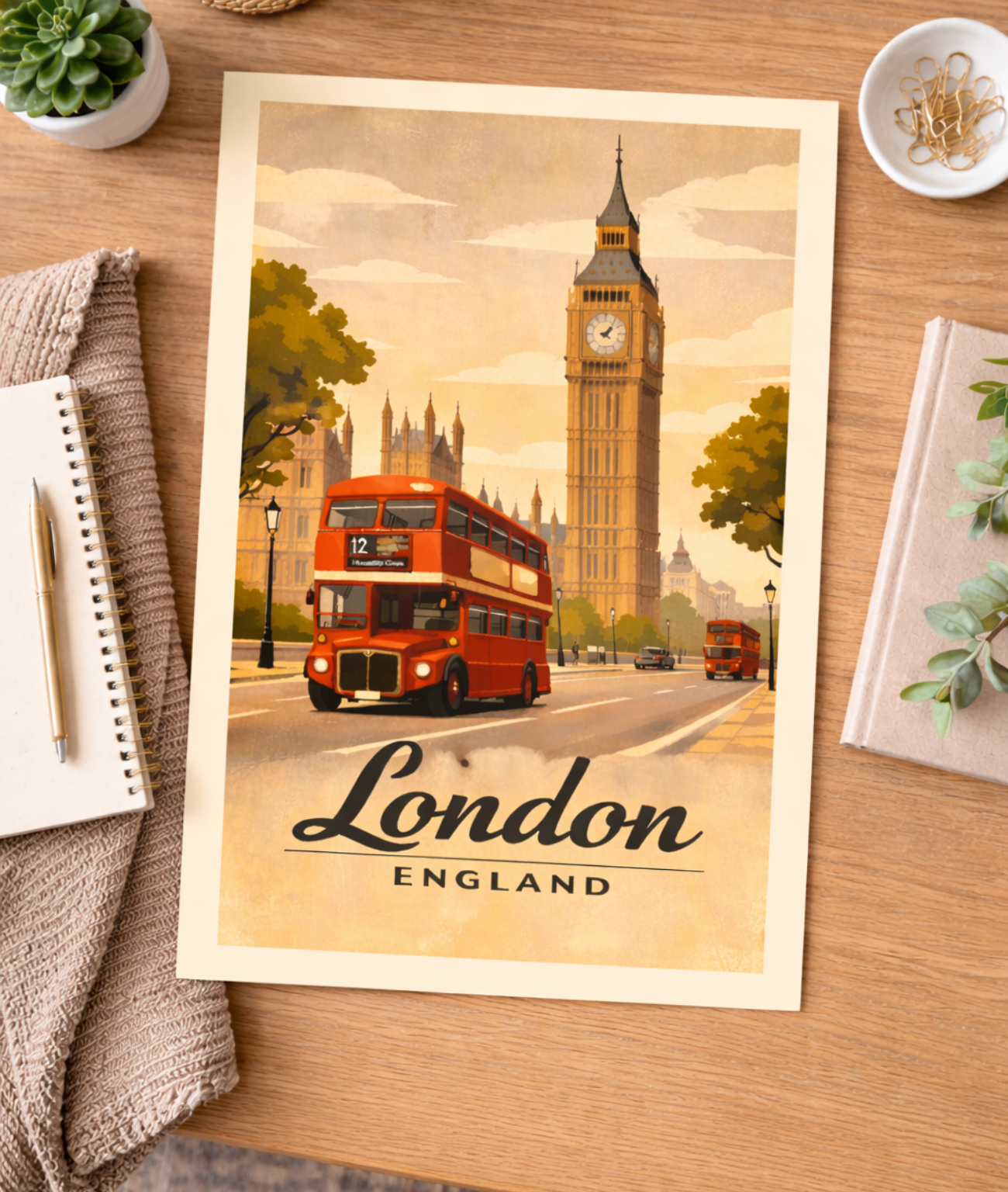 London Vintage Travel Poster Print — Big Ben & Red Double-Decker Bus Fine Art Poster