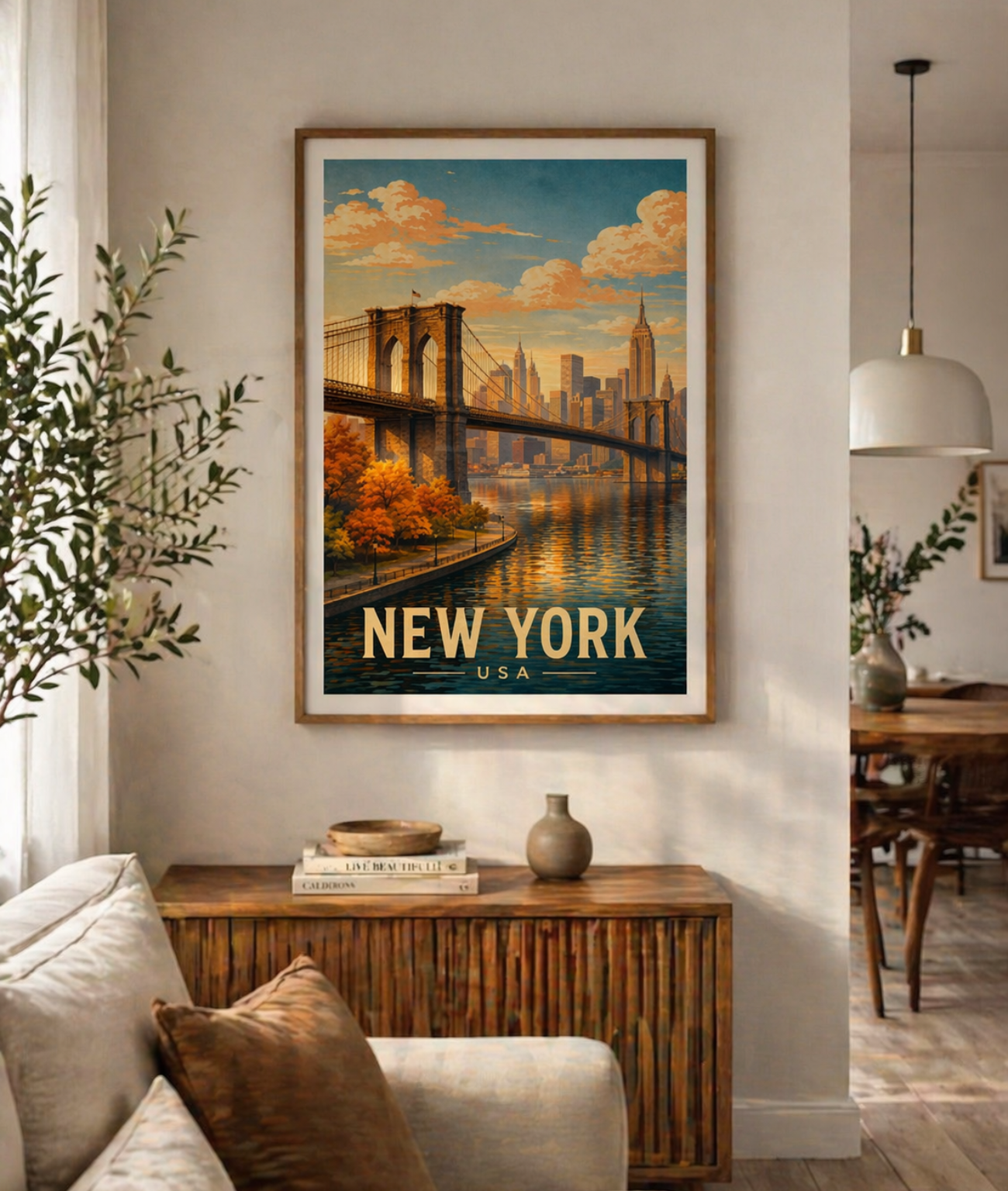 New York Poster with wooden frame Brooklyn Bridge NYC Skyline Wall Art City Print USA Decor