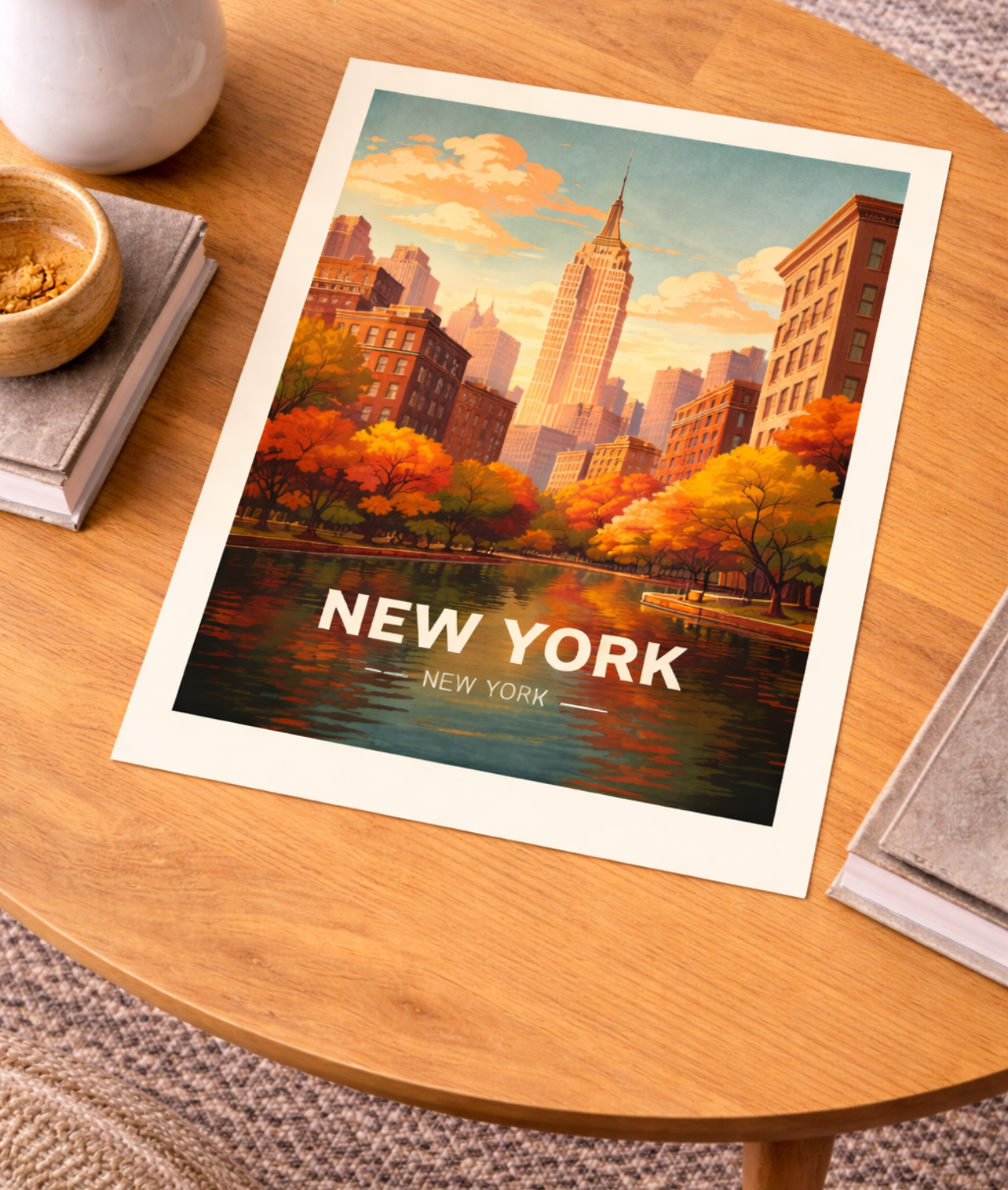 New York Autumn Poster with wooden frame NYC Skyline Wall Art Fall City Print USA Decor