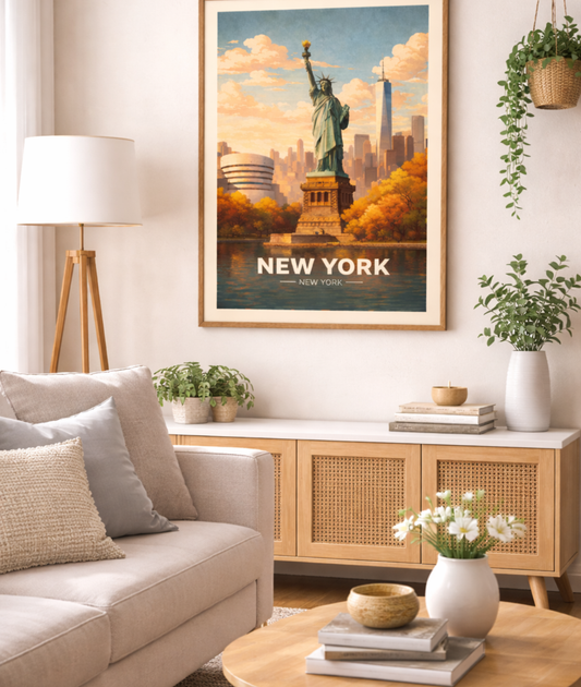 New York Poster with wooden frame Statue of Liberty Wall Art NYC Skyline Vintage Travel Print USA Decor