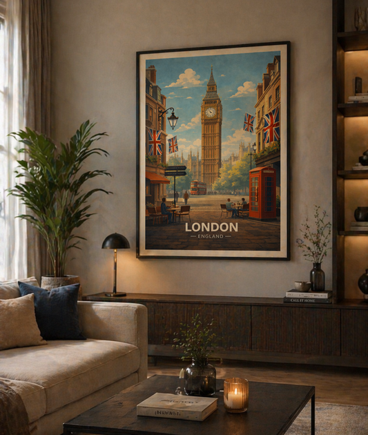 London Poster with wooden frame Vintage Travel Print Big Ben Wall Art England Decor UK Gift