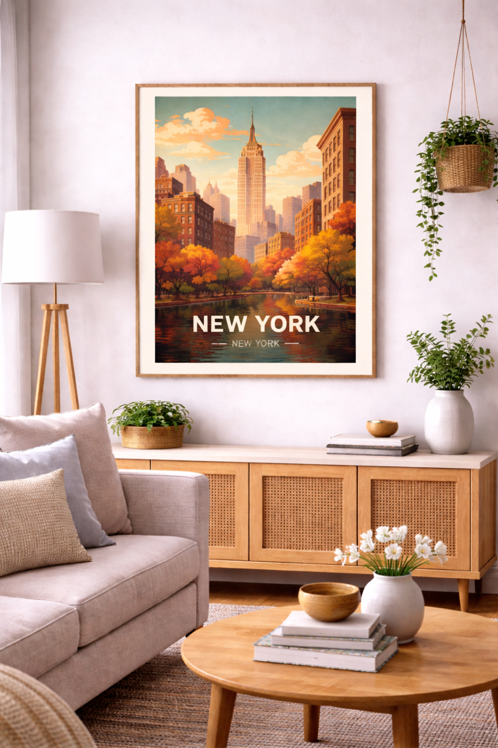 New York Autumn Poster with wooden frame NYC Skyline Wall Art Fall City Print USA Decor