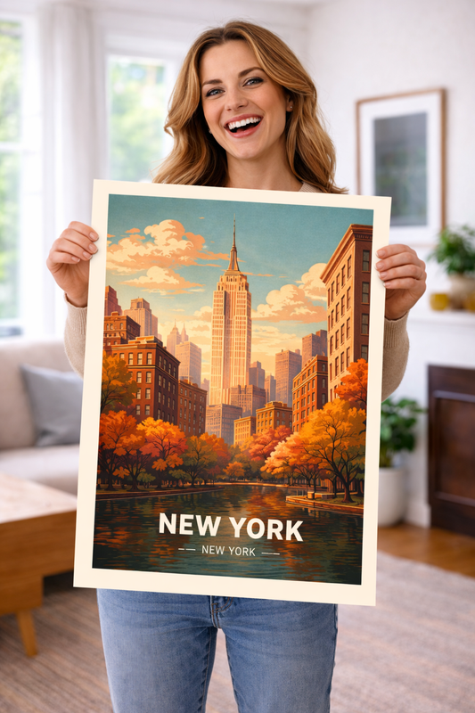 New York Autumn Poster with wooden frame NYC Skyline Wall Art Fall City Print USA Decor
