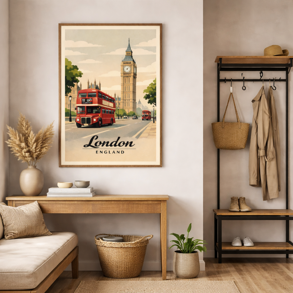 London Vintage Travel Poster Print — Big Ben & Red Double-Decker Bus Fine Art Poster