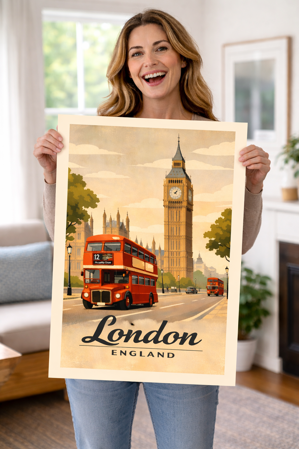 London Vintage Travel Poster Print — Big Ben & Red Double-Decker Bus Fine Art Poster