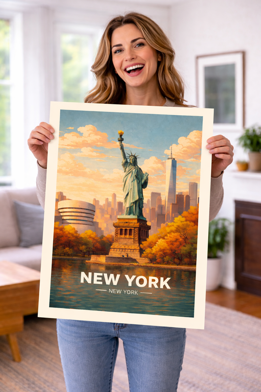 New York Poster with wooden frame Statue of Liberty Wall Art NYC Skyline Vintage Travel Print USA Decor