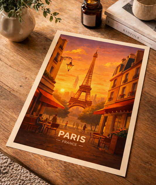 Paris Poster with wooden frame Eiffel Tower Sunset Wall Art France City Print
