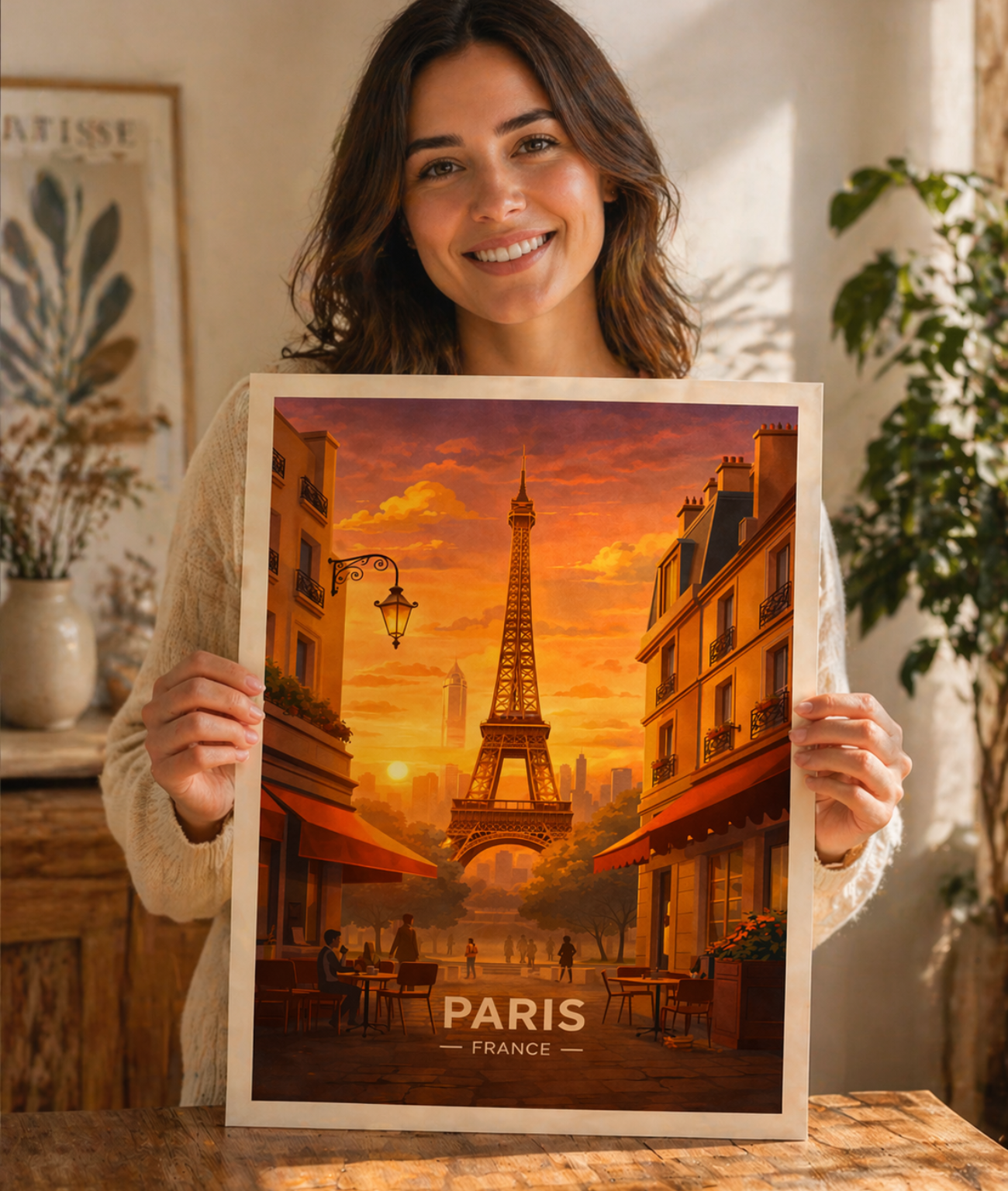 Paris Poster with wooden frame Eiffel Tower Sunset Wall Art France City Print