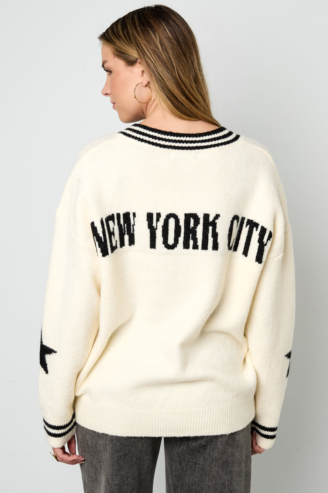 Knitted Polyester Fiber Women's V-Neck Sweater Casual Color Clash