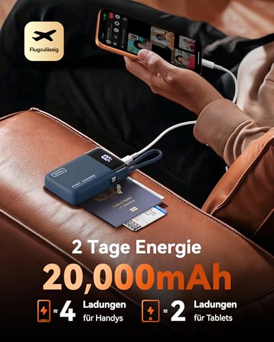 INIU 45W Power Bank, Ultra Klein 20000mAh Powerbank iPhone mit Integriertem USB-C Kabel, Schnellladen Externe Handyakkus Mini, Klein Aber Stark für iPhone 17 16 15 Pro, Samsung S22, Xiaomi, iPad etc