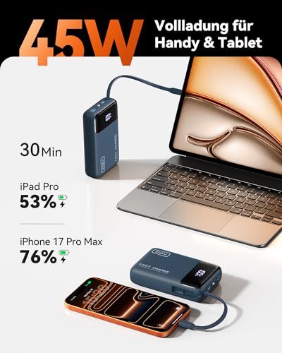 INIU 45W Power Bank, Ultra Klein 20000mAh Powerbank iPhone mit Integriertem USB-C Kabel, Schnellladen Externe Handyakkus Mini, Klein Aber Stark für iPhone 17 16 15 Pro, Samsung S22, Xiaomi, iPad etc