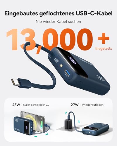 INIU 45W Power Bank, Ultra Klein 20000mAh Powerbank iPhone mit Integriertem USB-C Kabel, Schnellladen Externe Handyakkus Mini, Klein Aber Stark für iPhone 17 16 15 Pro, Samsung S22, Xiaomi, iPad etc