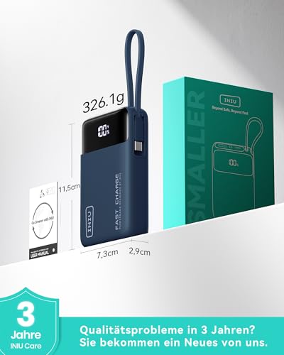 INIU 45W Power Bank, Ultra Klein 20000mAh Powerbank iPhone mit Integriertem USB-C Kabel, Schnellladen Externe Handyakkus Mini, Klein Aber Stark für iPhone 17 16 15 Pro, Samsung S22, Xiaomi, iPad etc