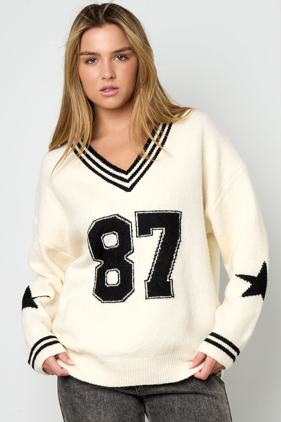 Knitted Polyester Fiber Women's V-Neck Sweater Casual Color Clash