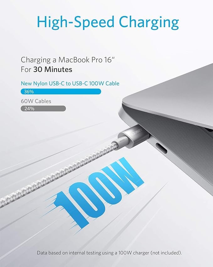 Anker Nylon USB-C to USB-C Charging Cable 2.0, 100W Type-C Charging Cable, 3m Long, Fast Charging for iPad Mini 6. Gen, MacBook Pro 2020, iPad Pro 2020, iPad Air 4, Galaxy S20 Plus S9, Pixel, Switch