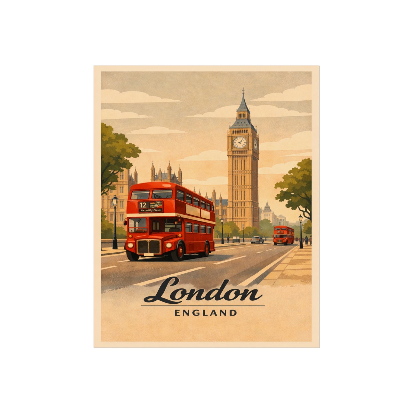 London Vintage Travel Poster Print — Big Ben & Red Double-Decker Bus Fine Art Poster