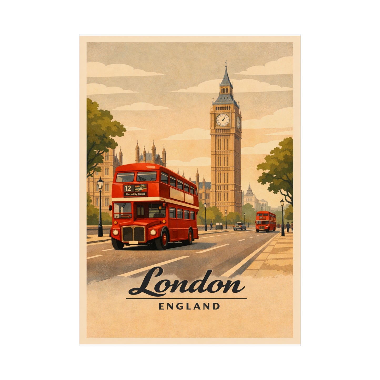 London Vintage Travel Poster Print — Big Ben & Red Double-Decker Bus Fine Art Poster