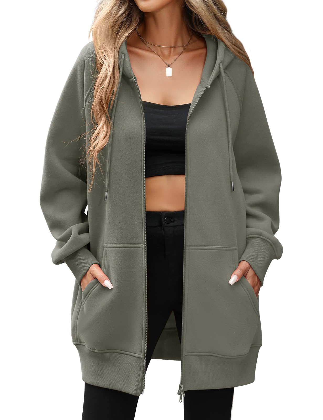 CMTOP Kapuzenpullover Damen Lang Dünne Fleece Hoodie Classics Freizeit Sweatshirt Basic Casual Sweatjacke Einfarbig Kapuzenjacke Streetwear Hoody mit Kapuze Reißverschluss Taschen