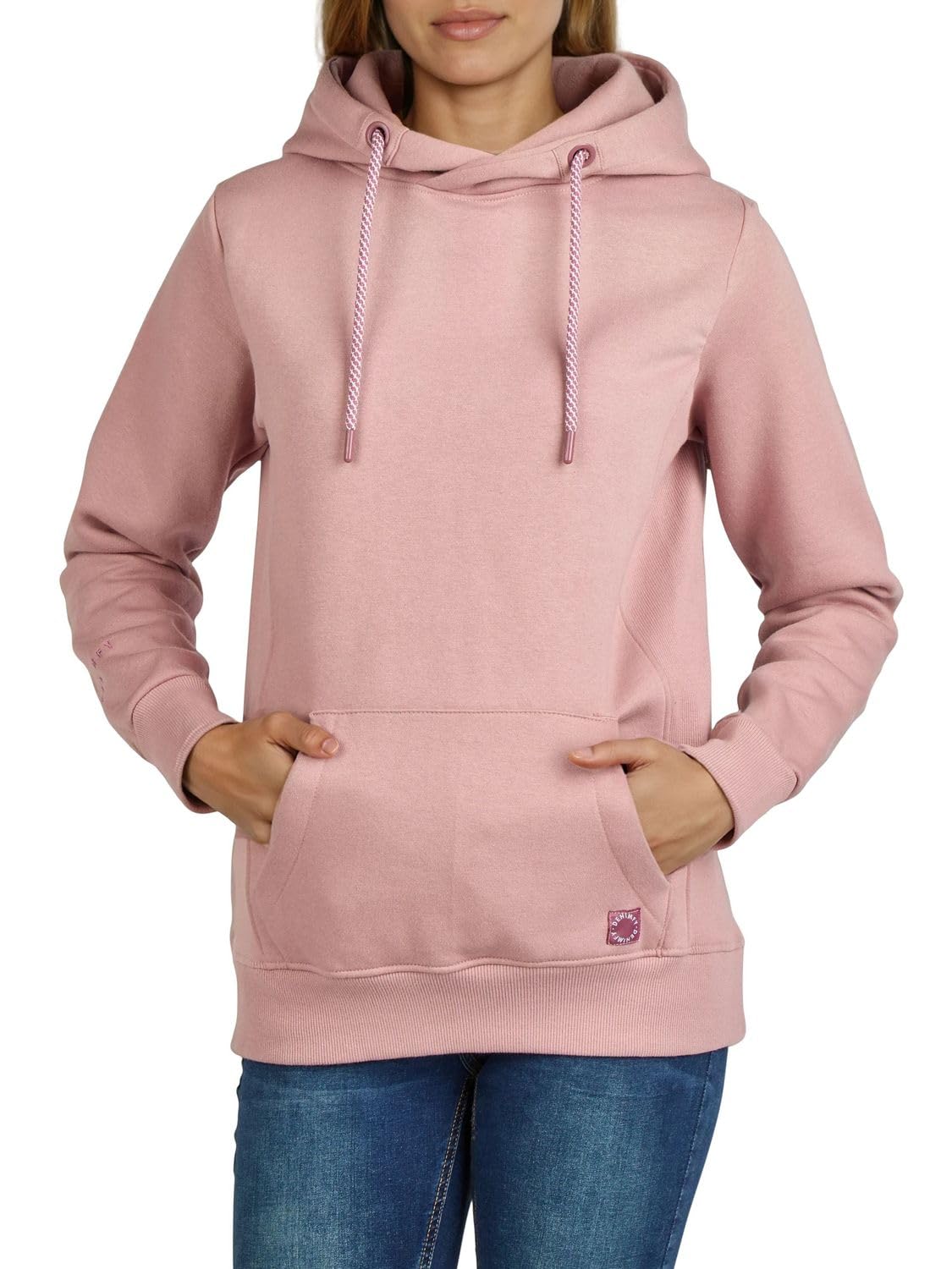 DENIMFY Hoodie Damen Regular Fit DFEmma Kapuzenpullover Pullover Cross-Over Kragen Schwarz Beige Grau Rose Blau Grün S M L XL XXL