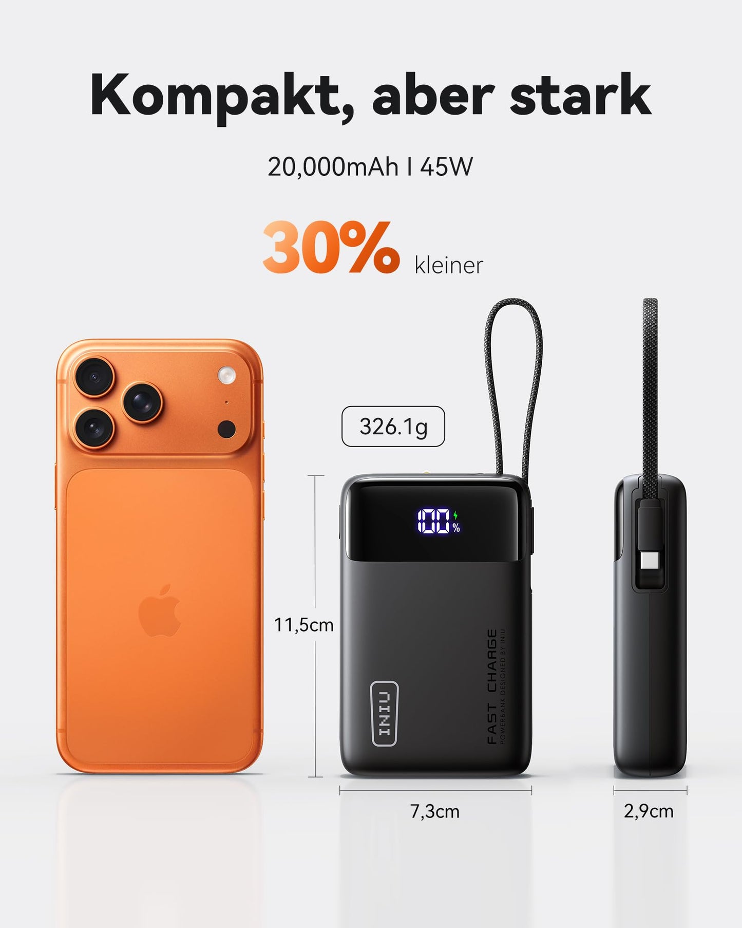 INIU 45W Power Bank, Ultra Klein 20000mAh Powerbank iPhone mit Integriertem USB-C Kabel, Schnellladen Externe Handyakkus Mini, Klein Aber Stark für iPhone 17 16 15 Pro, Samsung S22, Xiaomi, iPad etc