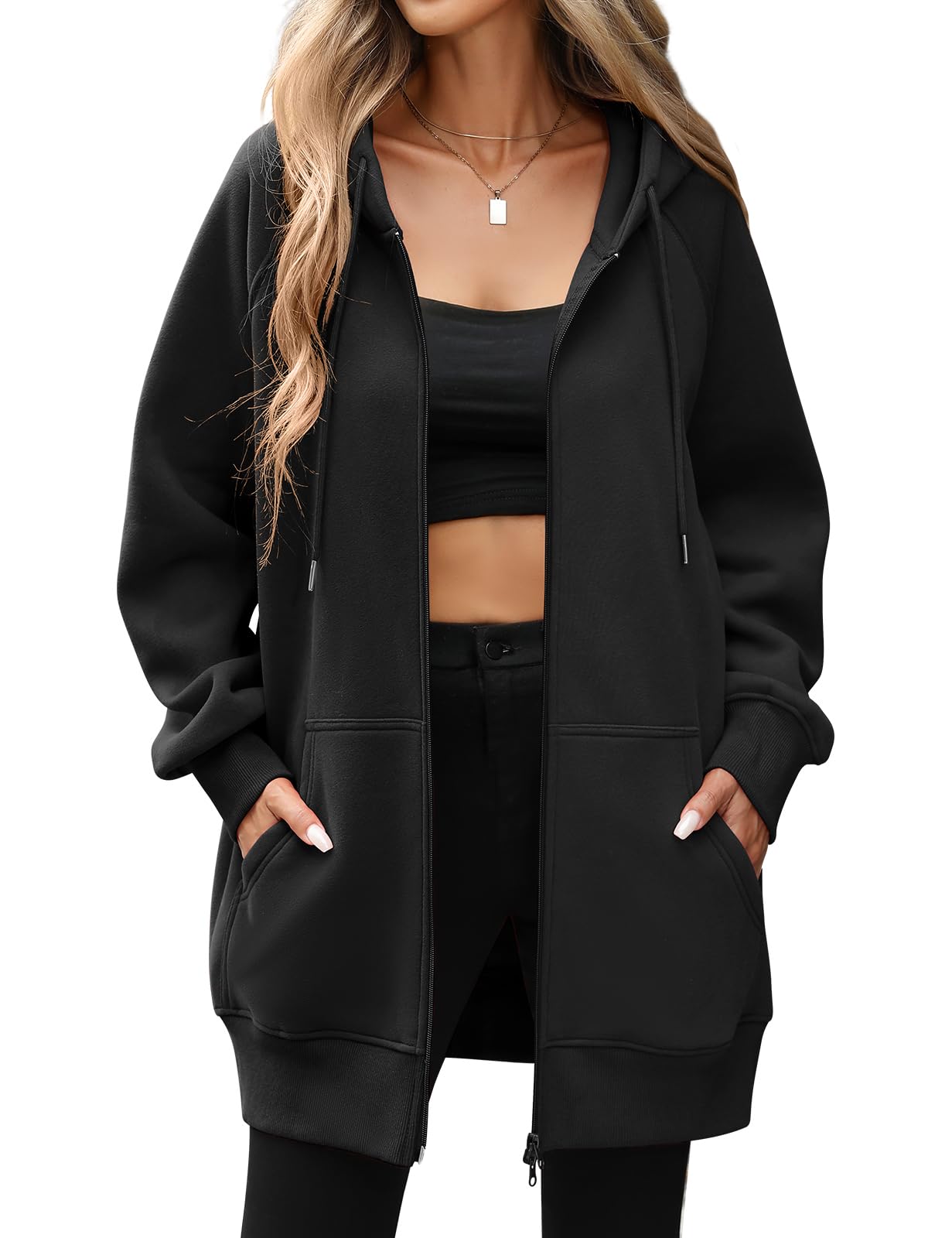 CMTOP Kapuzenpullover Damen Lang Dünne Fleece Hoodie Classics Freizeit Sweatshirt Basic Casual Sweatjacke Einfarbig Kapuzenjacke Streetwear Hoody mit Kapuze Reißverschluss Taschen