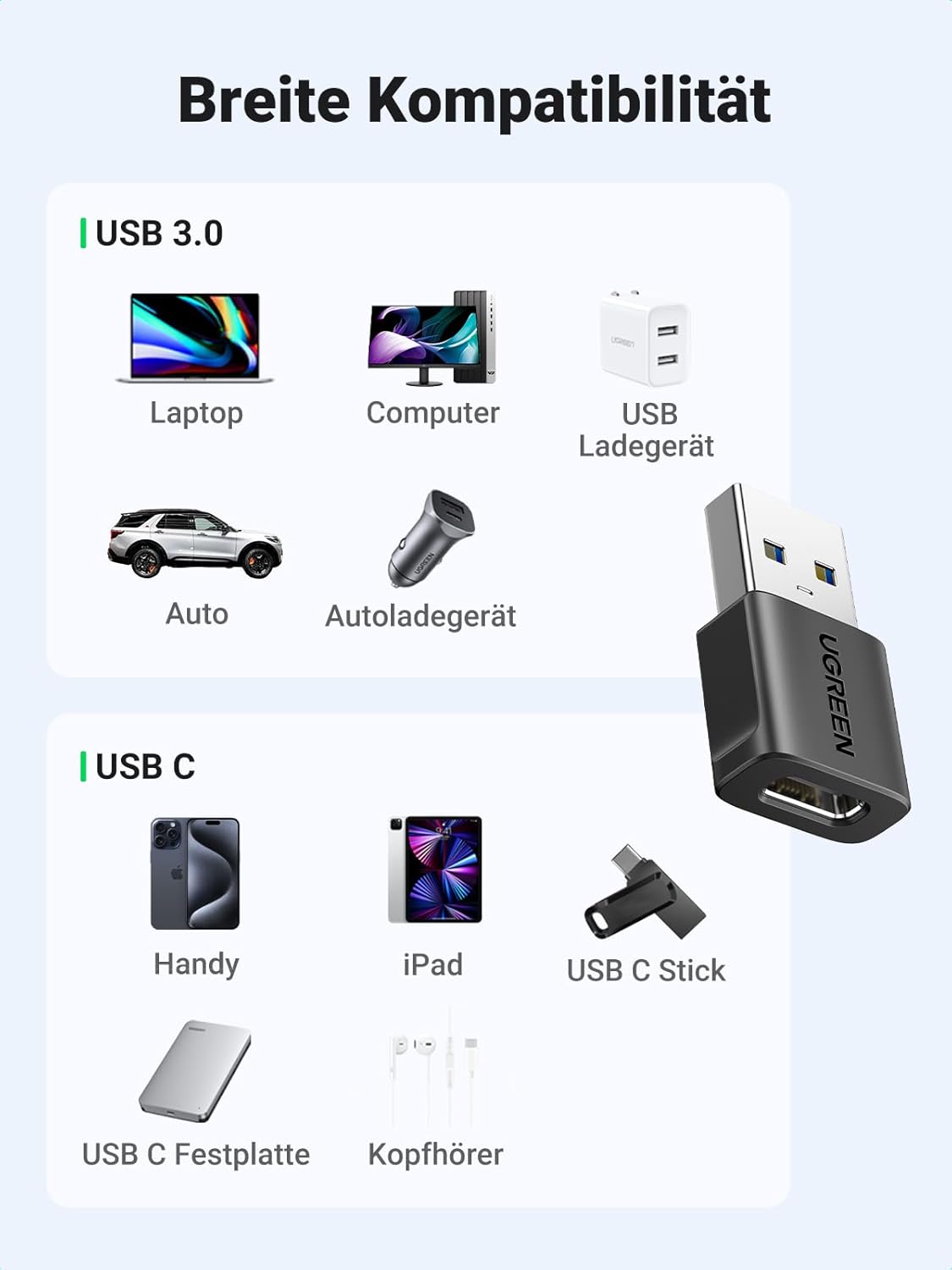 UGREEN USB C Adapter (3 Stück), 10Gbps USB C Buchse zu A Stecker Adapter Kompatibel Mit iPhone 17/16/15 Serie, iPad, Galaxy S24/S23 Serie, Laptops, Carplay usw