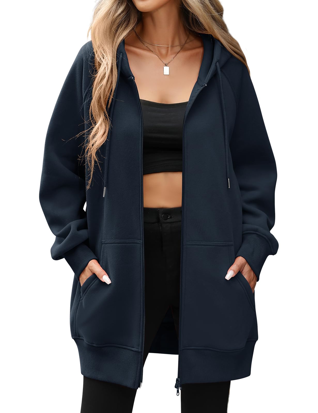 CMTOP Kapuzenpullover Damen Lang Dünne Fleece Hoodie Classics Freizeit Sweatshirt Basic Casual Sweatjacke Einfarbig Kapuzenjacke Streetwear Hoody mit Kapuze Reißverschluss Taschen