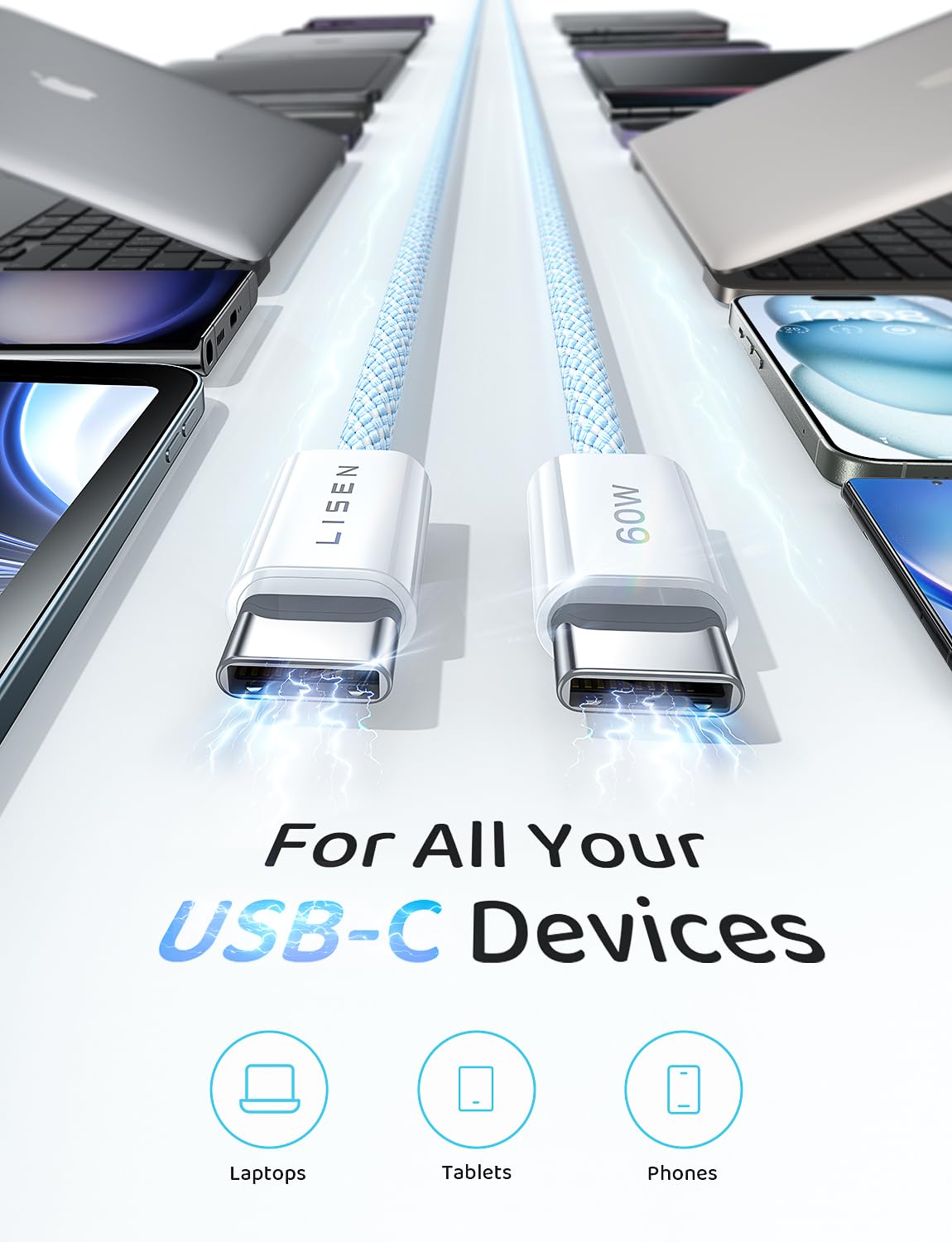 LISEN 60W USB C Kabel, [4er Pack, 0,5M 1M 1M 2M] USB C auf USB C Kabel Set, PD 3.0 Schnellladekabel USB C für iPhone 17 Pro Max Zubehör,iPhone 16 15,Switch,Samsung Galaxy S25,Pixel,MacBook,iPad,Xiaomi