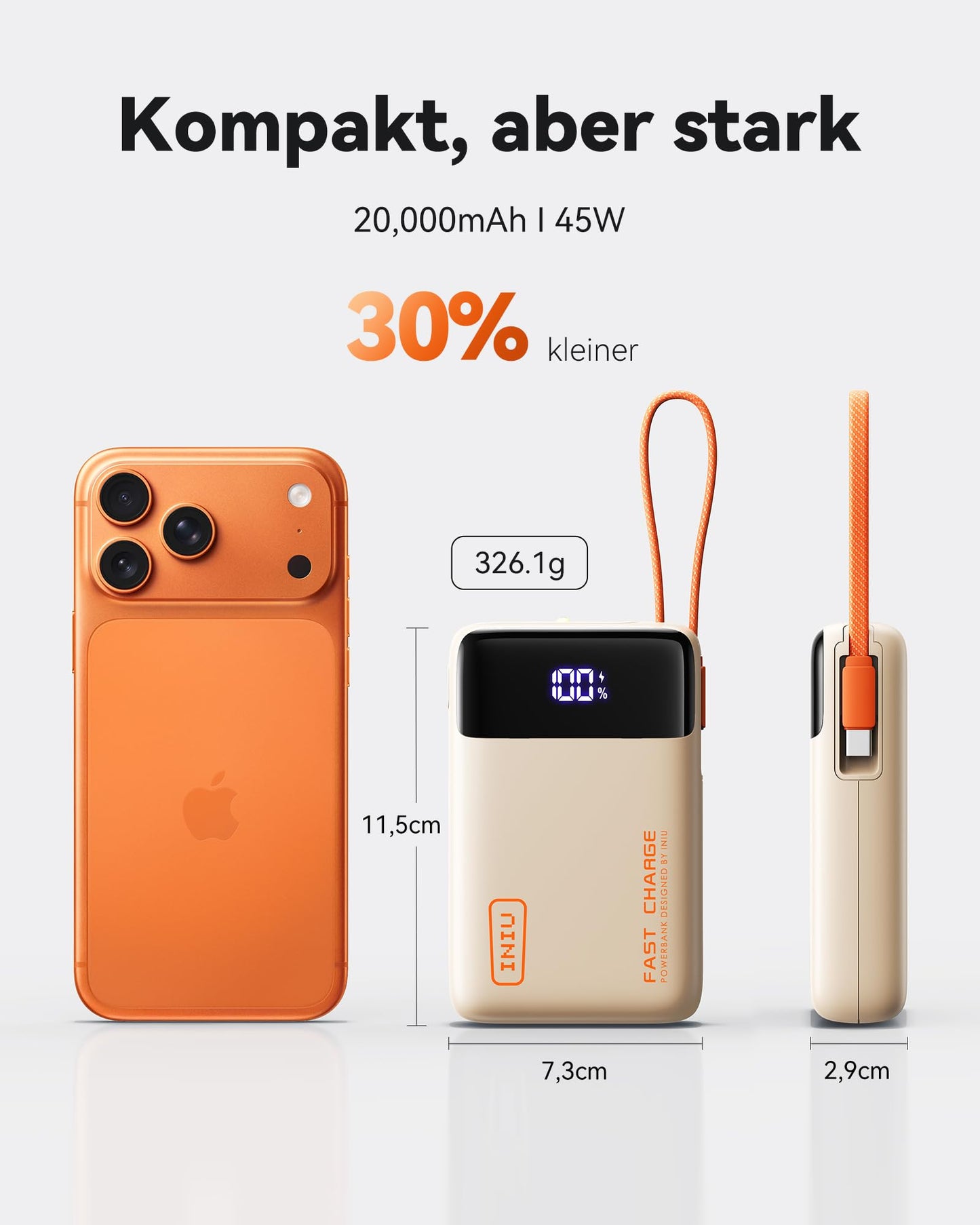 INIU 45W Power Bank, Ultra Klein 20000mAh Powerbank iPhone mit Integriertem USB-C Kabel, Schnellladen Externe Handyakkus Mini, Klein Aber Stark für iPhone 17 16 15 Pro, Samsung S22, Xiaomi, iPad etc