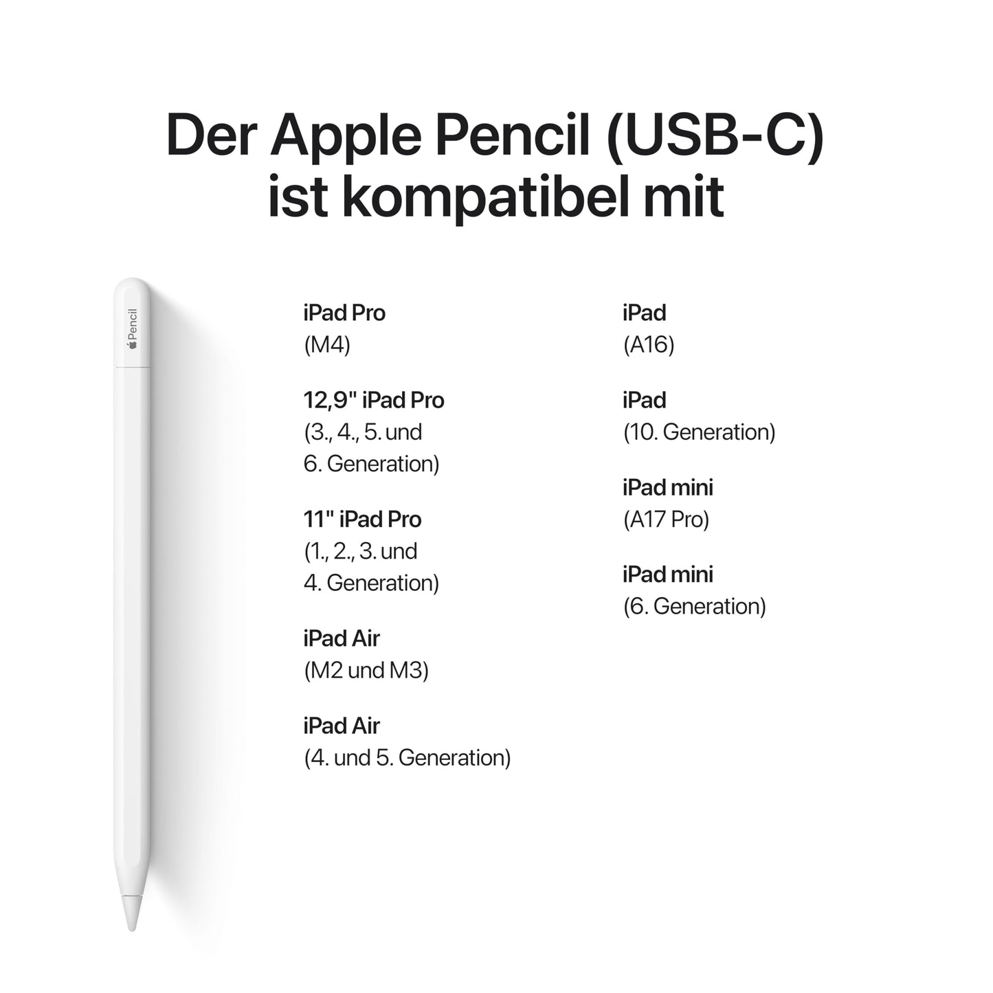 Apple Pencil (USB C): Pixelgenaue Präzision, Neigungssensitivität und branchenführende niedrige Latenz zum Notizenmachen, Zeichnen und Unterschreiben von Dokumenten. Lädt und koppelt über USB C